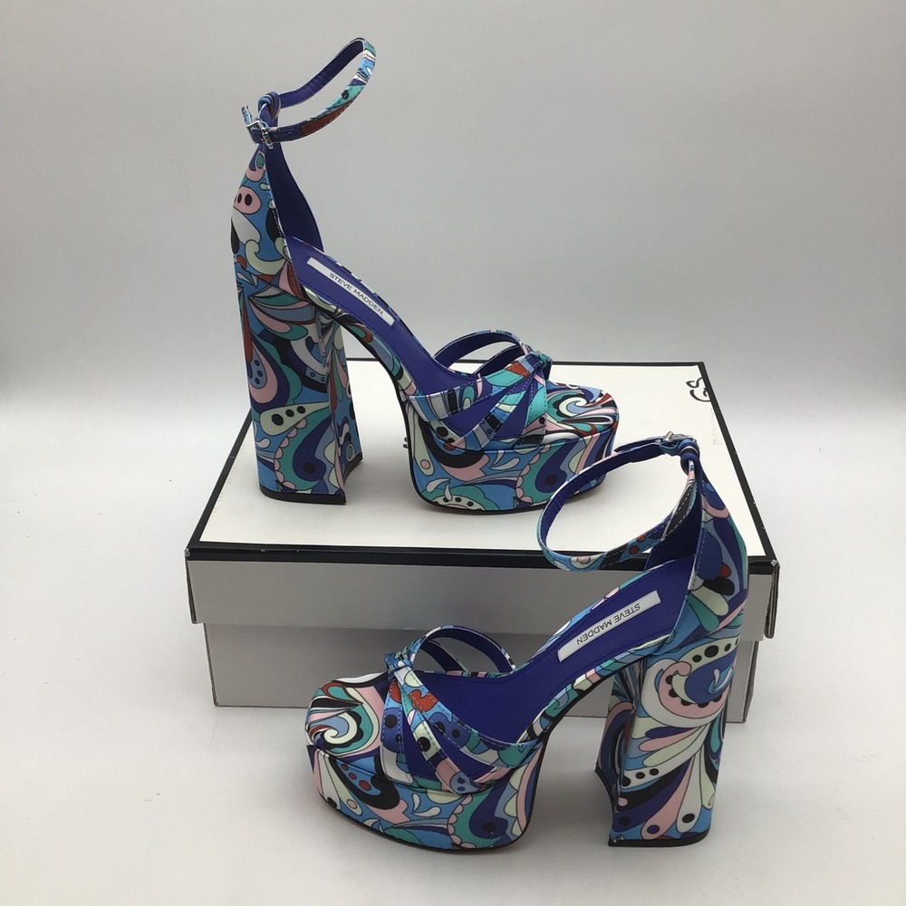 Steve Madden Retro Blue Print Paisley Platform Block Heels Size 7.5 NEW